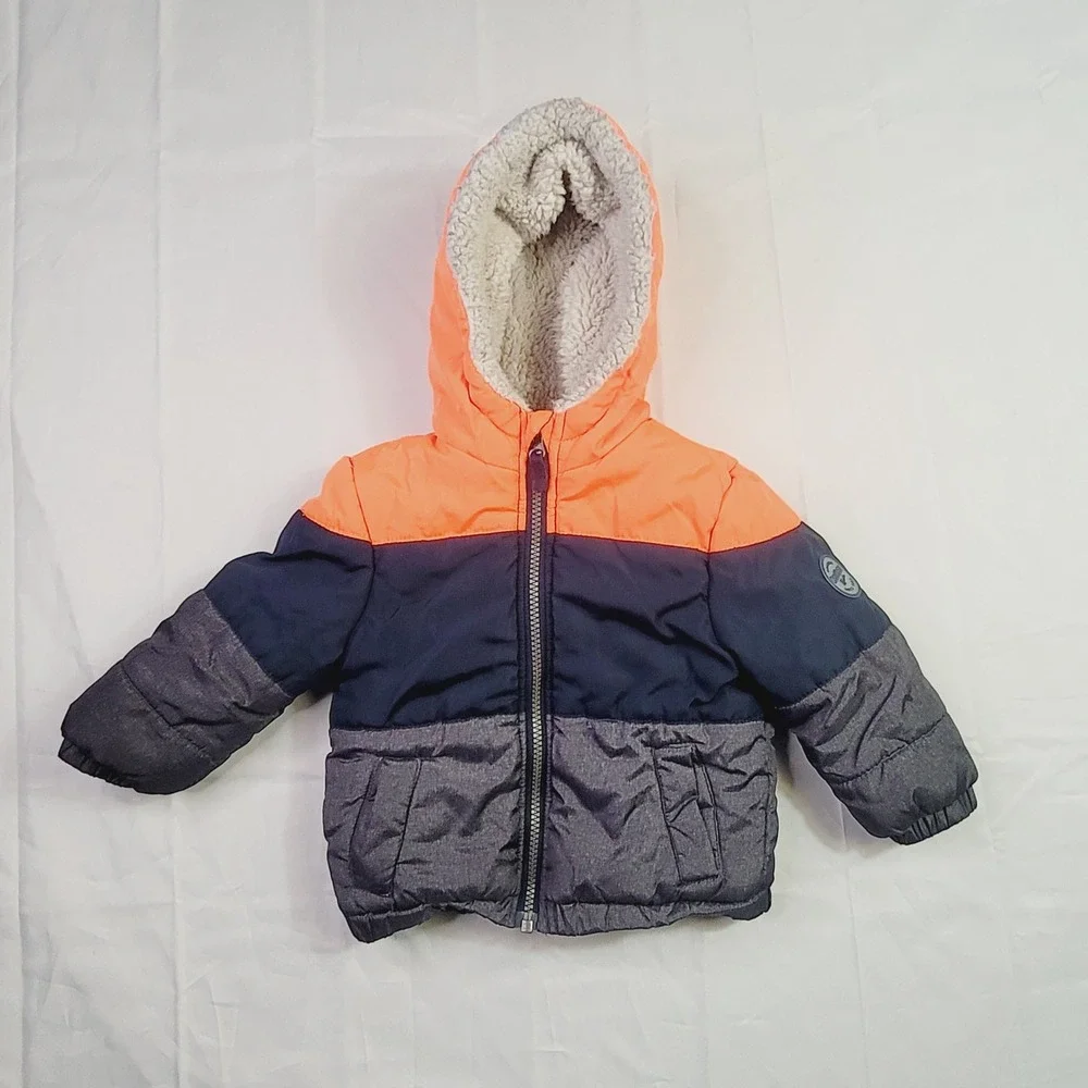 OshKosh Kids B'gosh Colorblock Puffer Jacket Size 18M Orange Navy Gray Hooded